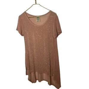 Vocal Womens open knit pink sweater tunic bling embellished‎ Medium